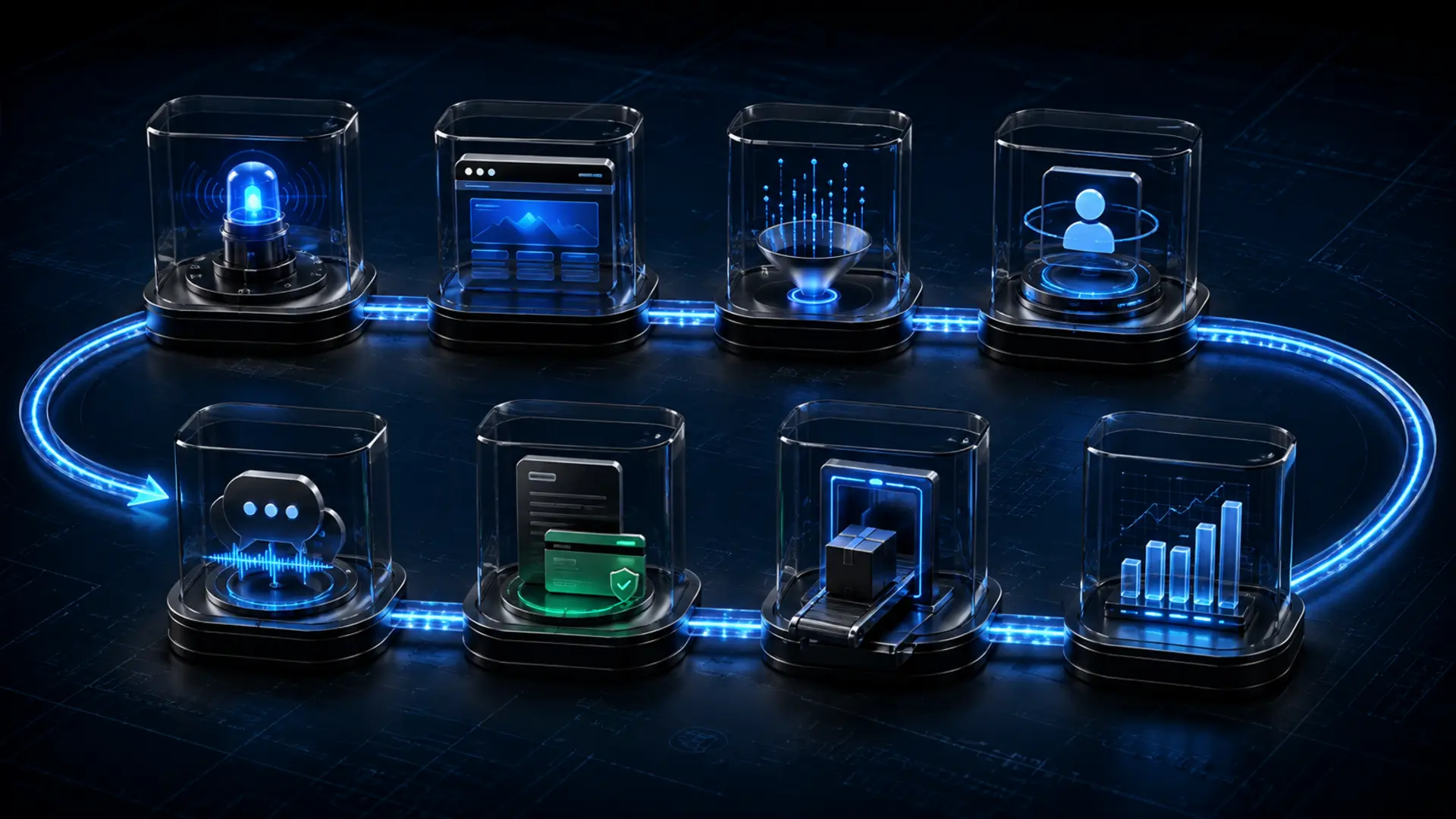 Eight illuminated operating stations connected in a continuous company loop