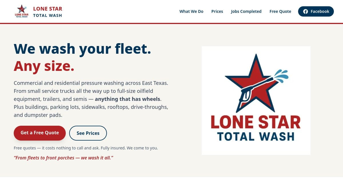 Lone Star Total Wash homepage with the fleet washing offer, free quote request, and company logo
